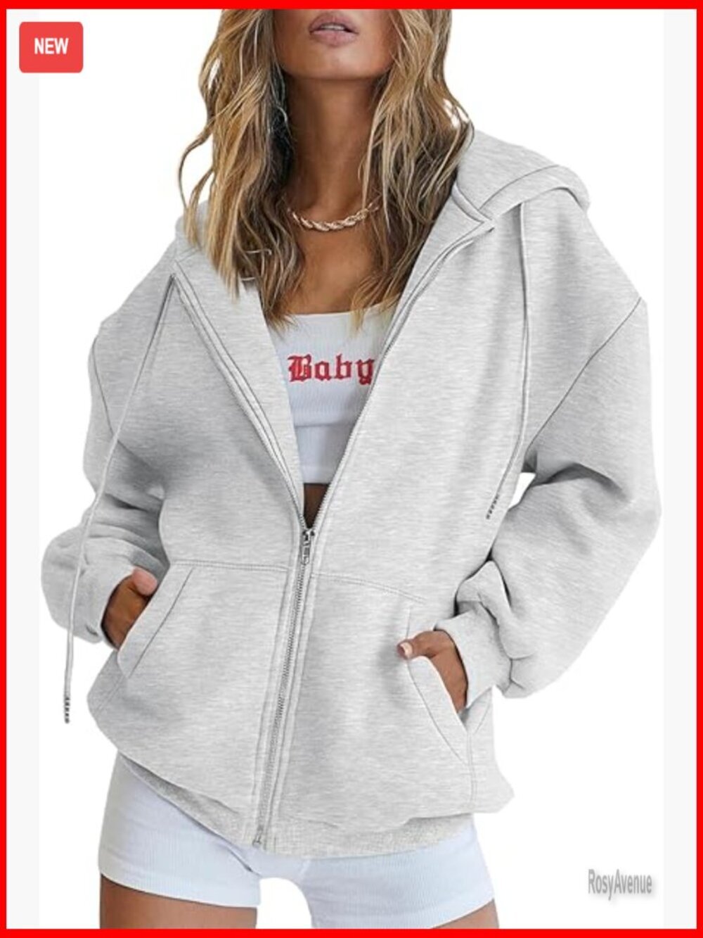 Oversized Zip Up Hoodie with Kangaroo Pocket, Fleece Lined, Long Sleeve